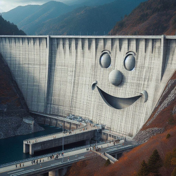 ディフォルメされた顔が彫られたダム