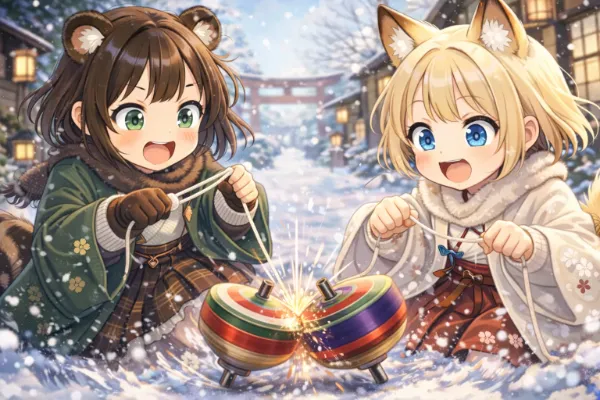 コン子とポン子・独楽で遊んだ