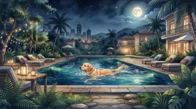 月夜のプールで泳ぐ犬