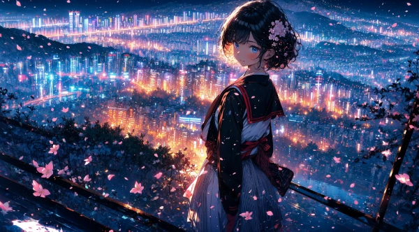 夜桜舞う町（丘からの絶景）