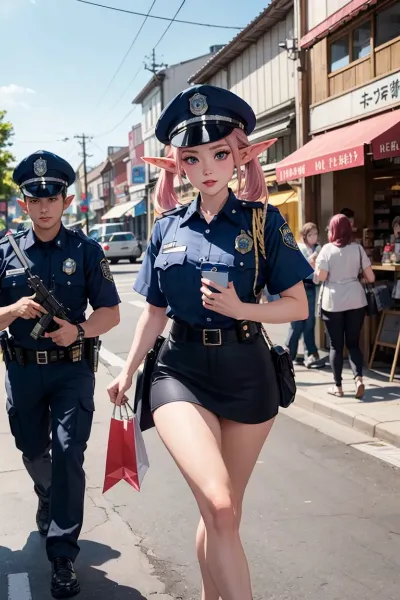 商店街を歩く婦警さん