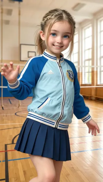 トラックスーツとプリーツスカートのコーデ