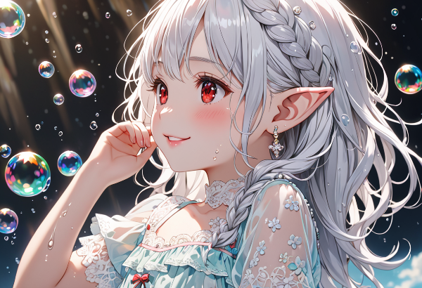 シャボン玉に舞う銀髪のエルフ少女