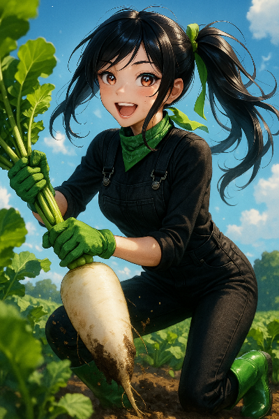 畑の少女と巨大大根の収穫祭