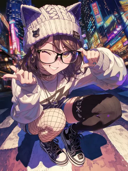 ネオン街の猫耳少女の秘密のウィンク。