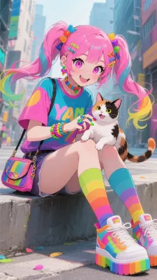 カラフルな女の子と猫
