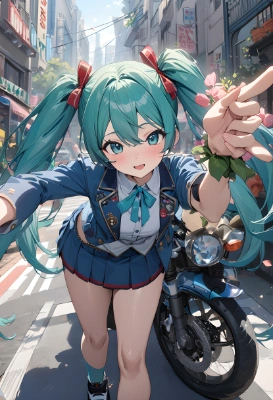 花の街とバイクとミクちゃん