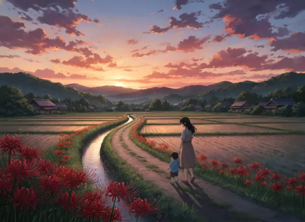 夕陽に染まる母子の散歩道