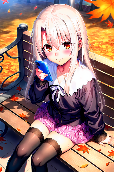 秋の公園でベンチに座っているイリヤちゃん🍂