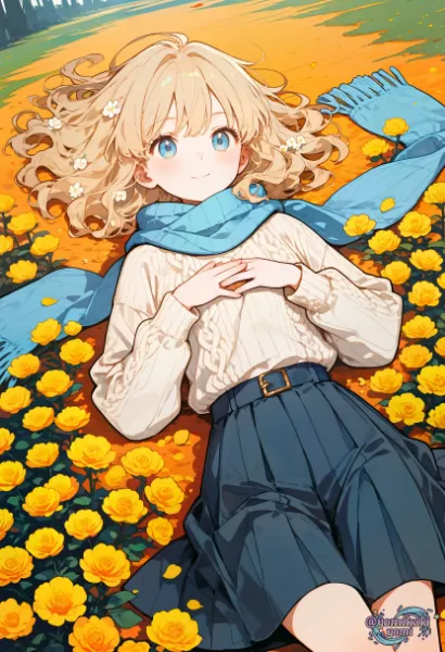 マリーゴールドの花畑と金髪少女