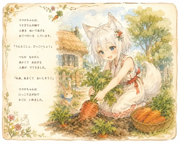 人参畑で微笑む狐の少女