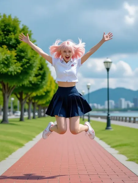 怒りの跳躍、曇天の公園に咲く桜色の衝動 / Leap of Fury: A Cherry-Haired Surge Beneath the Overcast Sky