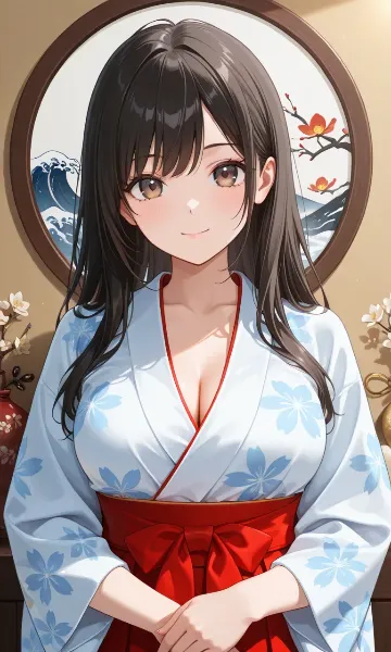 青い浴衣の穏やかな微笑み