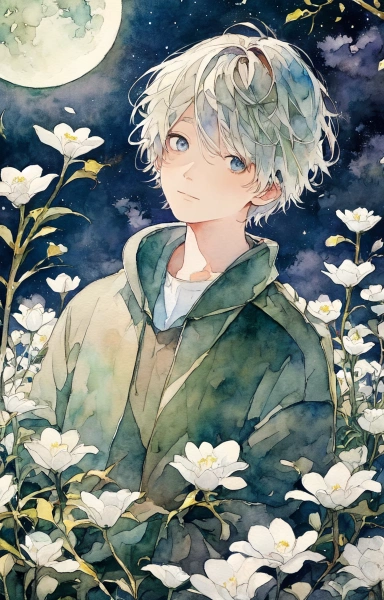 水彩少年、夜、月