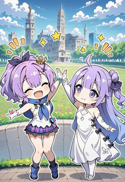 デフォルメ風にジャベリンとユニコーンがハイタッチ！