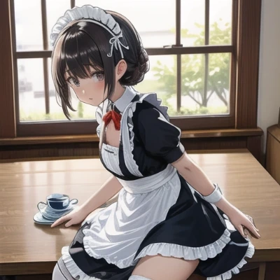 窓辺でひと休みするメイド