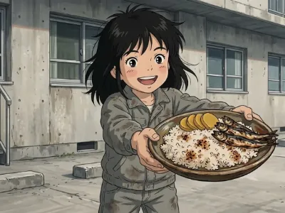 焦げ飯よそってきちゃったけん。よう噛んで元気つけないや、のう！