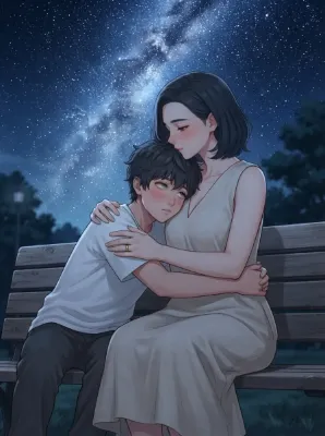 女性と少年が夜の公園で
