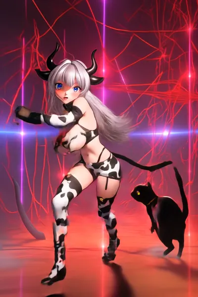 赤色と縫い針から逃げる牛柄さん