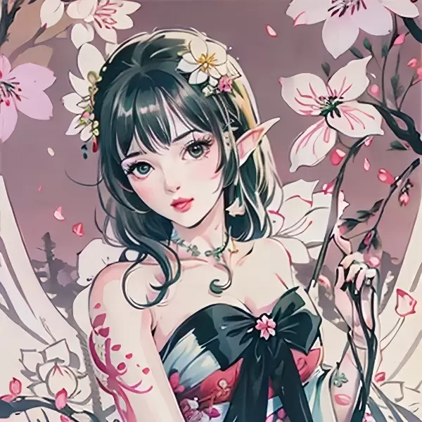 緑髪エルフと花