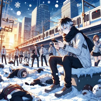 雪が散らつくゾンビが蔓延る近代的な大都市を大学生が友人とスマホなどで連絡を取り合いながらサバイバルするゲームのアニメのイラスト