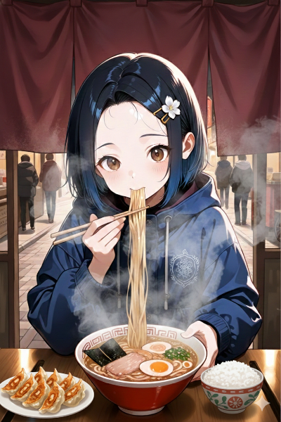 青髪少女の冬街ラーメン休憩