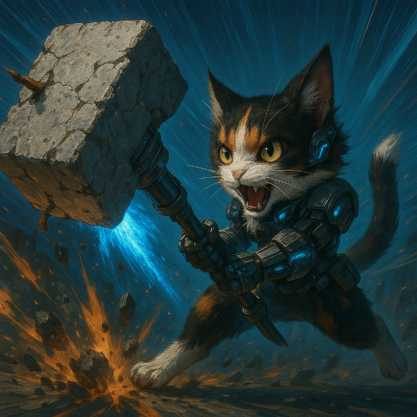 未来の戦士猫、巨大ハンマーの一撃