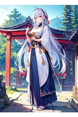 goddes, bule eye, silver long hair, shrine