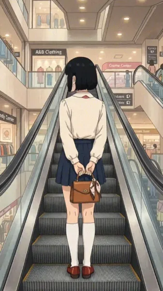 上りエスカレーターでスカートの覗き見を警戒する女の子 1　GIF