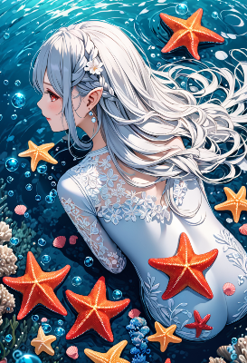 輝く海星に囲まれた銀髪の人魚