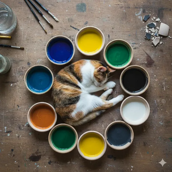 色彩の輪に包まれて眠る猫の夢