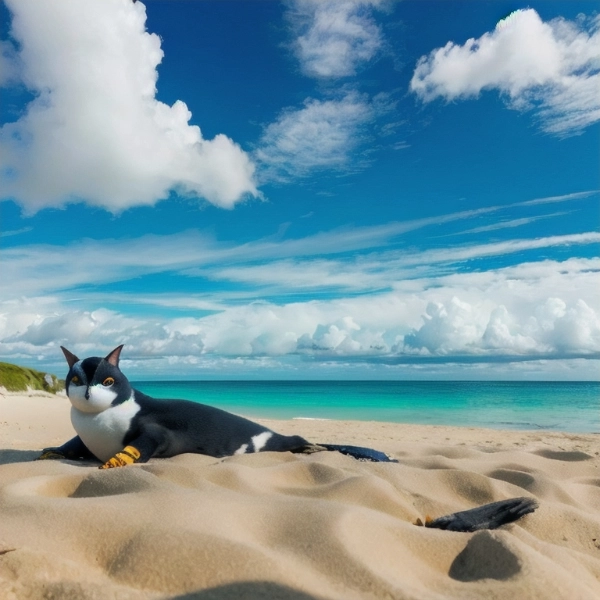 青い空、白い雲、青い海、白い砂浜、ビーチでくつろぐペンギン、のんびり寝転ぶ猫、リラックス、オープン、穏やか