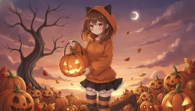 月明かりのかぼちゃ畑と猫耳少女