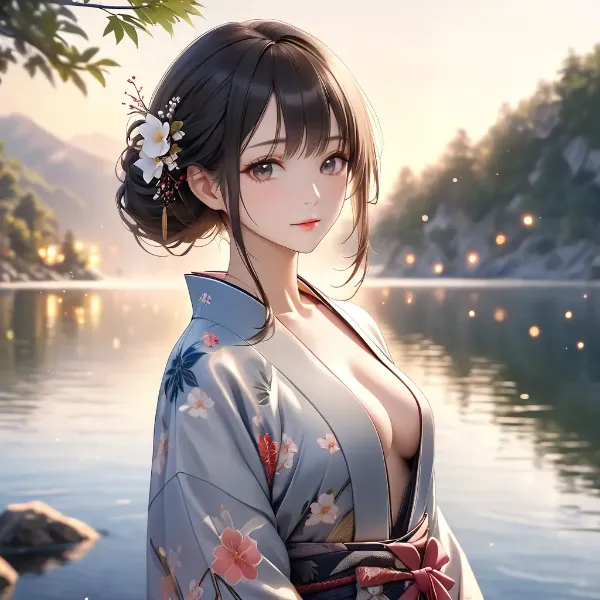 湖畔の浴衣美女