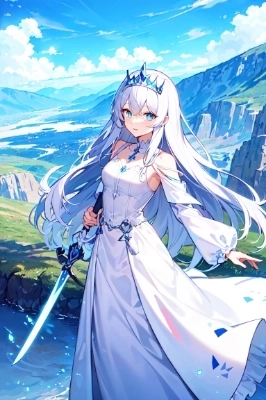 blue eye, white dress, silver long hair, mountain, sky, blue tiara, sword,