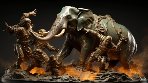 雑兵に憎悪を向ける象の銅像
