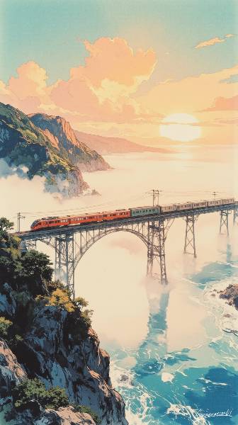 朝焼けに染まる空中鉄路／スマホ壁紙アーカイブ