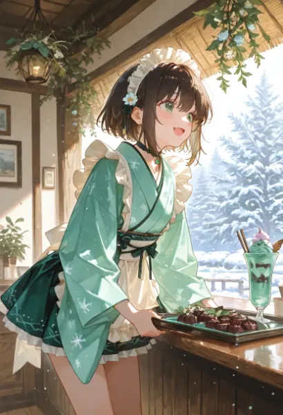 雪景色のカフェで