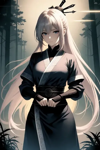 夕陽の森に佇む銀髪剣士