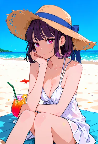 夏の海で微笑む麦わら帽子の少女