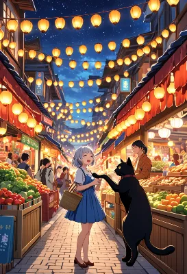 星空の夜市で黒猫と出会う少女