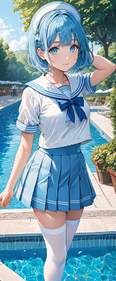 制服姿の青髪さん