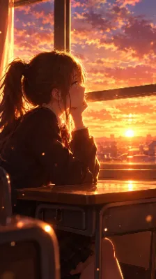 放課後の教室と茜色の空。夕日に照らされ黄昏れるポニーテールの制服美少女