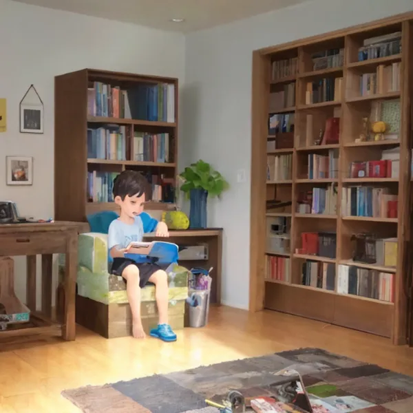 本の海に浸る賢い少年