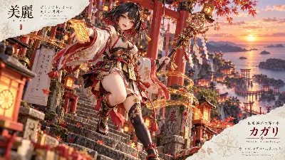 朱の夕陽に祈りを捧げる巫女カガリ