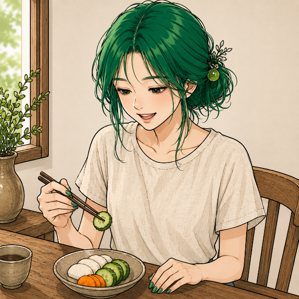 お漬物を食べる緑ちゃん♪
