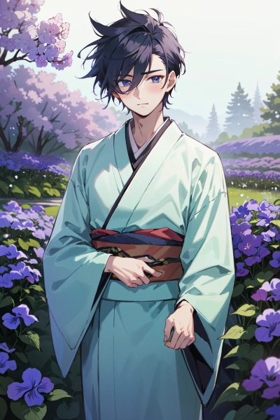 花畑に来た男性