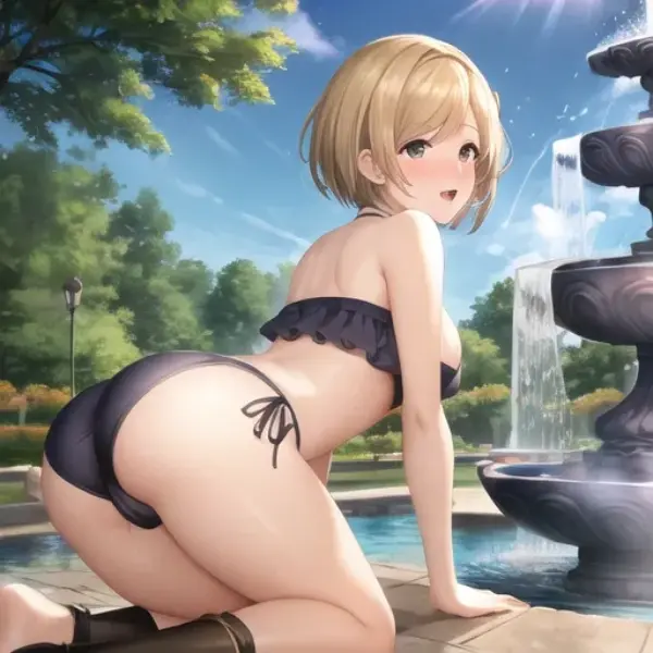 5月なのに暑いから水着に着替えて公園の噴水で水遊びしちゃうジータちゃん