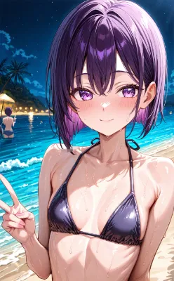 夜のビーチと少女