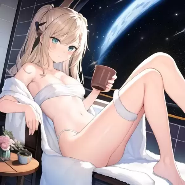 宇宙でココアを飲む少女